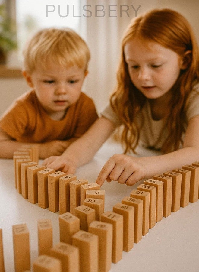 PULSBERY لعبة بناء مكعبات خشبية من بولسبري للأطفال، 54 قطعة مرقمة، لعبة كلاسيكية لتكديس المكعبات مع 4 نرد، لعبة بناء مكعبات خشبية عملاقة قابلة للسقوط والتدحرج للأطفال - Image 2